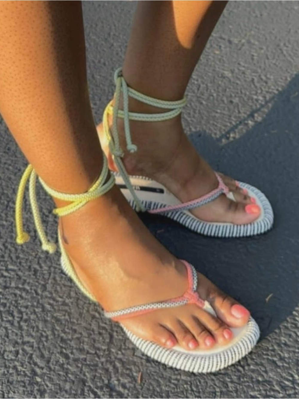 Zara Olive Green and reflective Rope Wrap Sandals - Picture 4 of 4